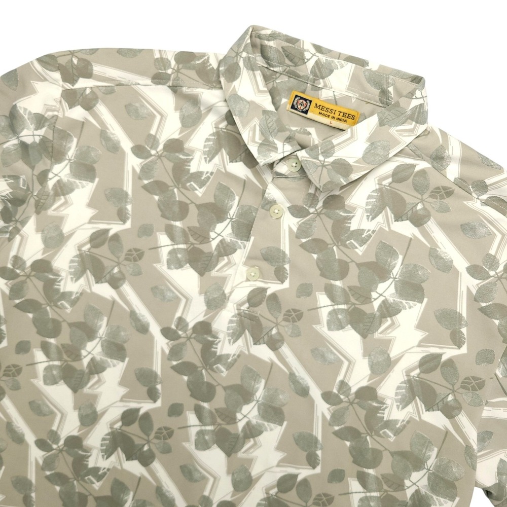 Messi Tees Polo Shirt Mens L Beige Leaf Print Lightweight Casual Summer Top